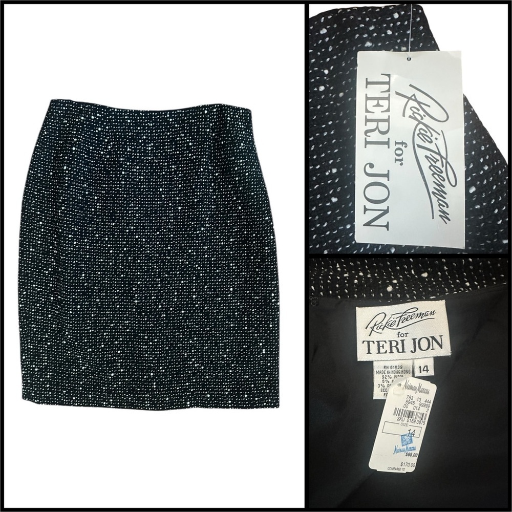 Teri Jon Rickie Freeman Black White Tweed Wool Skirt NWT Size 14